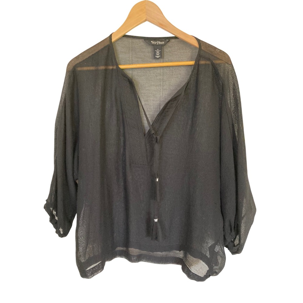 White House Black Market Black Sheer Embroidered Tassel Gauze‎ Blouse Medium